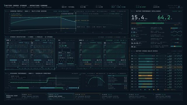 Premium dark mode battery energy storage dashboard animation tracking charging phases, discharge performance, and power conversion efficiency for industrial monitoring.