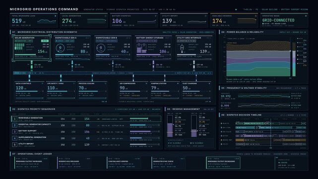 Premium microgrid operations dashboard animation displaying generator status, battery storage dispatch priorities, power flow, and load balancing in a dark utility control center interface.