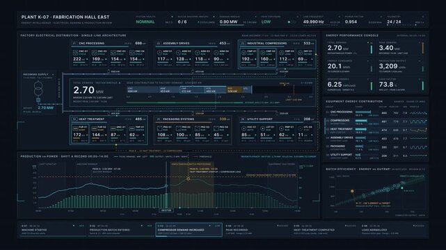 Industrial energy dashboard animation tracking machine loads and production peaks in a dark factory monitoring system with cyan data for commercial creative technology and business use.