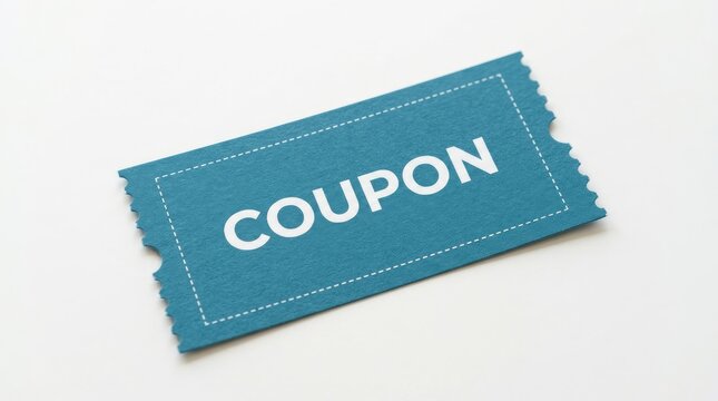 Teal paper coupon ticket featuring bold white typography resting upon clean white background surface