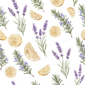Seamless Watercolor Pattern with Lavender Rosemary and Lemon Slices