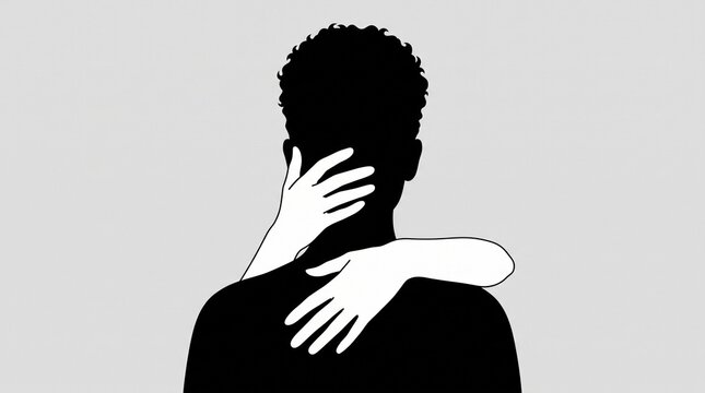 Minimalist black silhouette of a person with short curly hair seen from behind, being embraced by white outlined arms and hands wrapping around the neck and shoulders, high contrast black and white fl