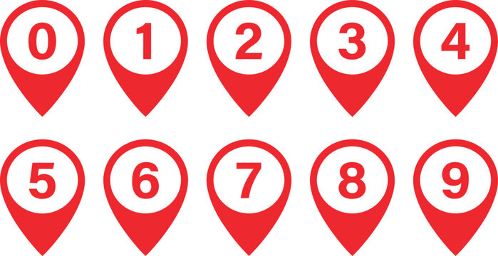 Set of red map pins with numbers zero to nine for location marking and navigation design