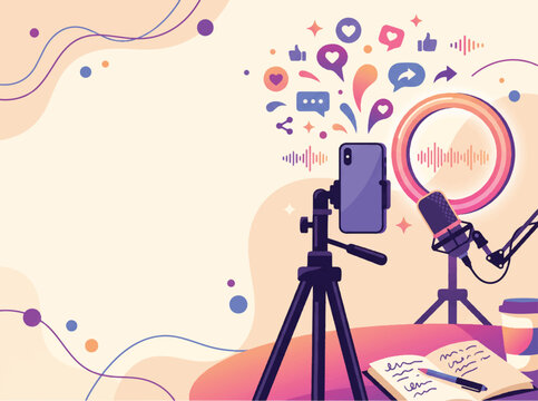 Live streaming podcast setup with smartphone on tripod microphone ring light and social media icons