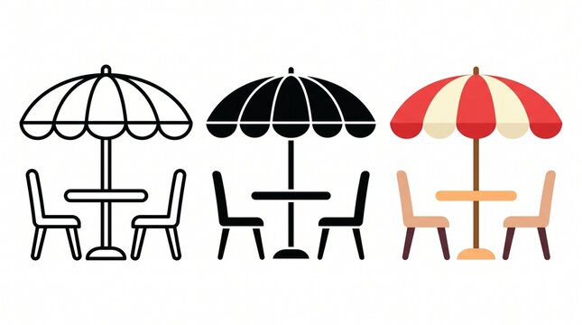 Vector icon set of three outdoor caf&eacute; table sets, each with a striped parasol umbrella, round table, and two chairs, shown in line-art outline, solid black silhouette, and colored red and orange style