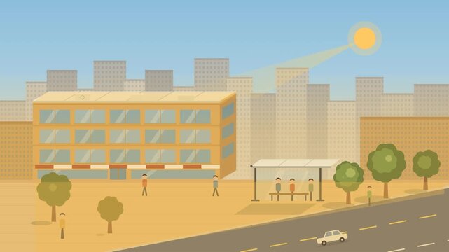 8 second seamless loop animation of a city street adapting to urban heat. A golden heat exposure sweeps in, a reflective cool roof is installed on the main building