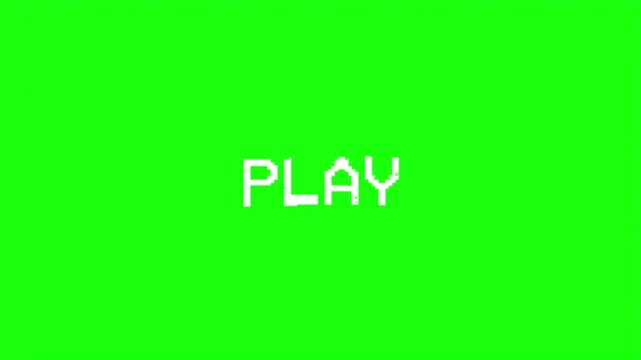 White pixelated PLAY word with glitch effect vector illustration isolated on green screen.