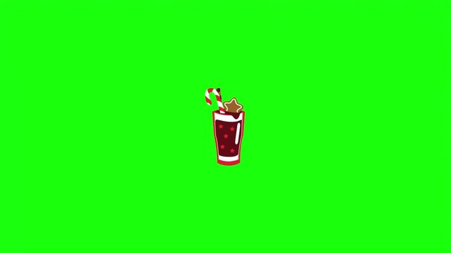 Christmas hot chocolate glass with candy cane and gingerbread cookie vector illustration isolated on green screen.   