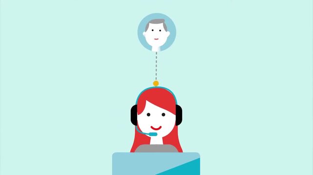 Friendly customer support agent wearing headset talking to a client in minimalist vector animation graphic style