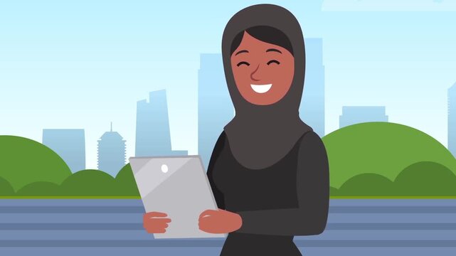 Smiling Muslim woman wearing a dark hijab holding a digital tablet outdoors against a city skyline background