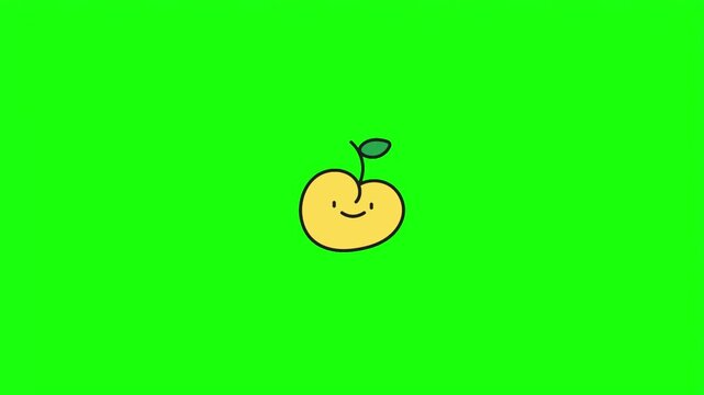 Cute yellow peach fruit with happy smiling face vector illustration isolated on green screen.   