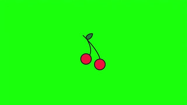 Red cherry pair with stem and leaf vector illustration isolated on green screen.