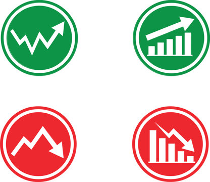 Set of four business financial chart icons with growth and decline arrows in green and red circles