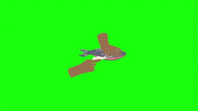 Hands cutting fish with knife vector illustration isolated on green screen.   