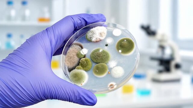 Microbial colonies in a Petri dish, animated photograph. Gloved laboratory hand examining mixed bacterial and fungal growth, illustrating microbiology, contamination and culture analysis.