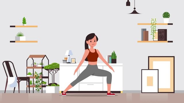Cartoon woman doing warrior yoga pose inside modern living room with potted plants and minimalist furniture