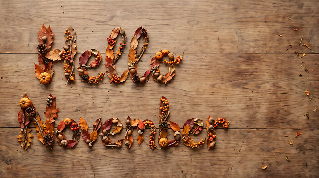 Hello November spelled out with autumn leaves and mini pumpkins on wood