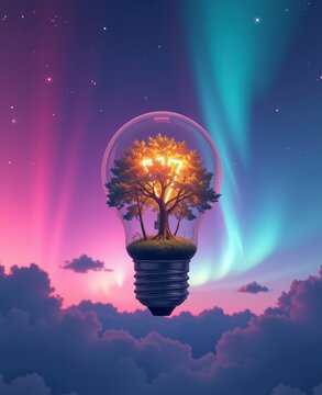 Tree Inside Light Bulb with Aurora Sky and Clouds for Environment Innovation Concept