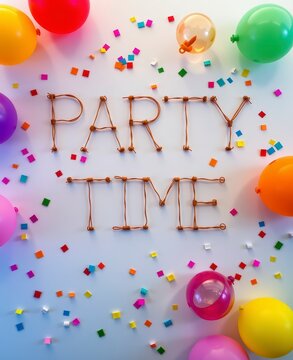 Colorful Balloons and Confetti with Party Message for Celebration