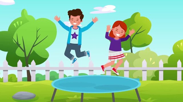 Happy children jumping on a blue trampoline together in a sunny backyard surrounded by green trees