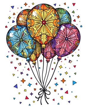 Colorful stained glass hot air balloons with confetti for celebration background