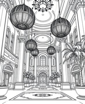 Elegant grand hall with ornate architecture and decorative decor in black and white line art