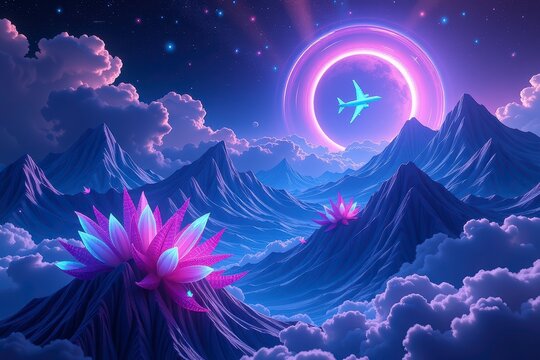 Futuristic digital landscape with mountains, neon flowers, glowing moon, night sky, space elements, vibrant colors, science fiction concept, psychic background color