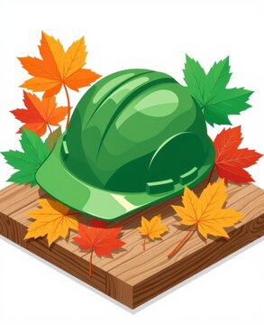 Construction helmet with autumn leaves on wooden surface for safety awareness
