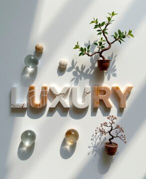 Elegant luxury decor with bonsai trees and marble lettering for interior design