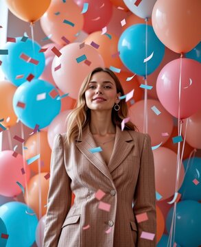 Businesswoman Celebrating Success with Balloons and Confetti Background