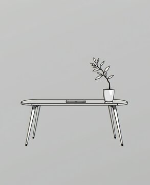 Minimalist desk with potted plant sketch style for modern decor background