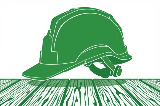 Construction Helmet with Headlamp on Wooden Surface in Green Style for Safety Awareness