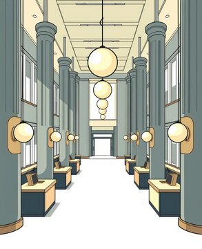 Elegant interior of government or corporate building with columns and lighting