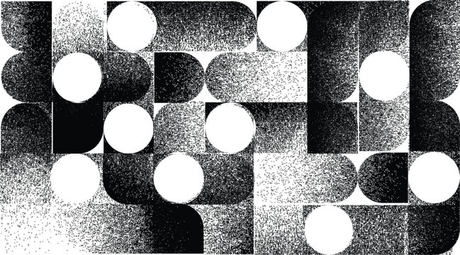Geometric composition featuring interlocking shapes with fading grain, varying texture density. Distorted forms merge and separate creating visual, ambiguity and illusion of interconnected structures