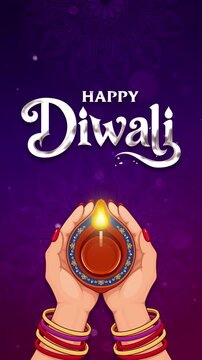 Happy Diwali Vertical Animated Greeting Video with Silver Calligraphy Text, Glowing Diya Held in Hands, Purple Magenta Mandala Background and Floating Bokeh Light Effects