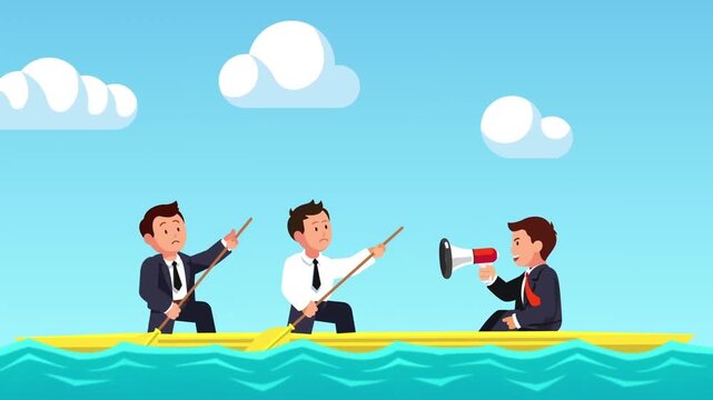 Businessmen in suits rowing a yellow boat while manager yells into a megaphone with clouds overhead