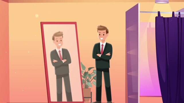 Smiling businessman in elegant suit looking at mirror reflection inside modern dressing room interior