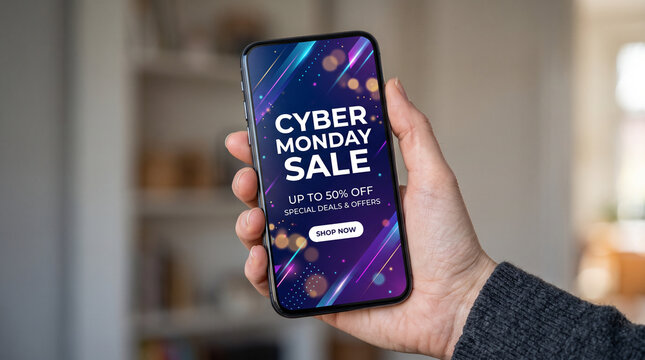 Cyber Monday sale advertisement displayed on smartphone in living room  