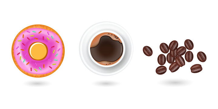 Top view illustration of a pink frosted donut with coffee cup and beans transparent background