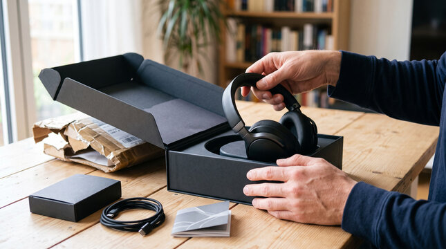 Person unwrapping new electronics and headphones in a cozy setting  