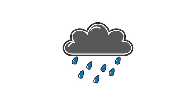 Simple flat vector icon of a dark grey cloud with blue raindrops falling from it against a white background