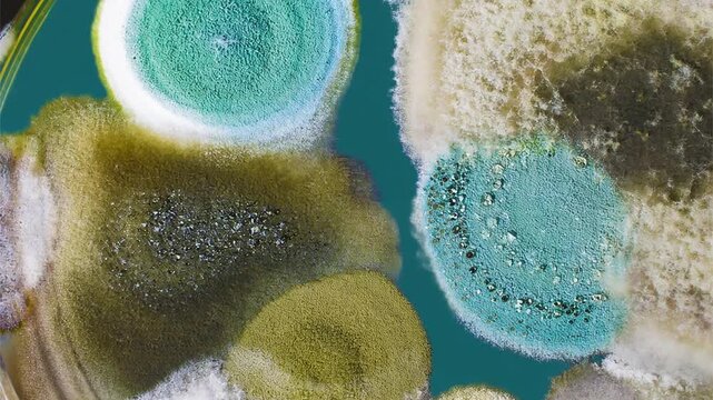Mixed fungal colonies in a Petri dish, animated photograph. Conceptual laboratory culture showing diverse mould colony textures, colours and growth patterns on agar.