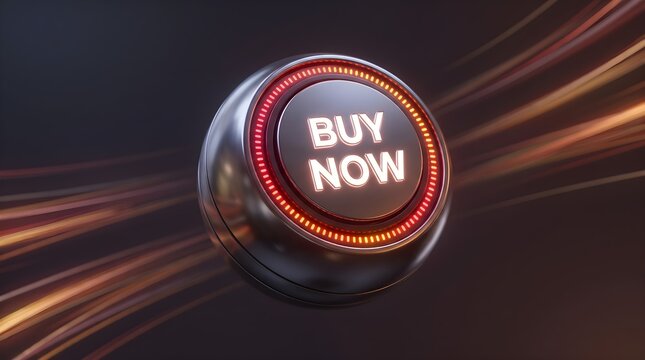 Glowing Buy Now Push Button on Abstract Futuristic Background with Light Trails