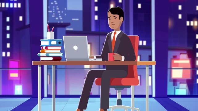 Stressed businessman working late at night with laptop in modern office skyscraper overlooking city skyline