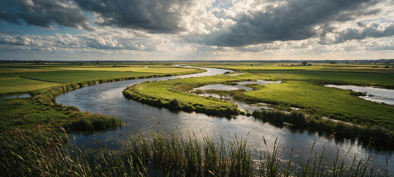 Meandering River Winding Through Green Wetland Meadows Beneath a Cloudy Sky