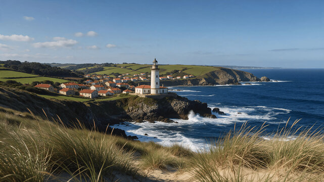 White Coastal Lighthouse on a Rocky Headland Above Waves and Windblown Dune Grass