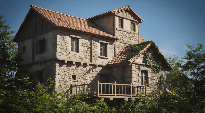 Rustic Stone Cottage with Terracotta Roof Tiles and Wooden Balcony Among Green Trees