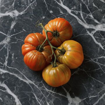 Overhead View of Ribbed C&oelig;ur de B&oelig;uf Heirloom Tomatoes on Black Marble