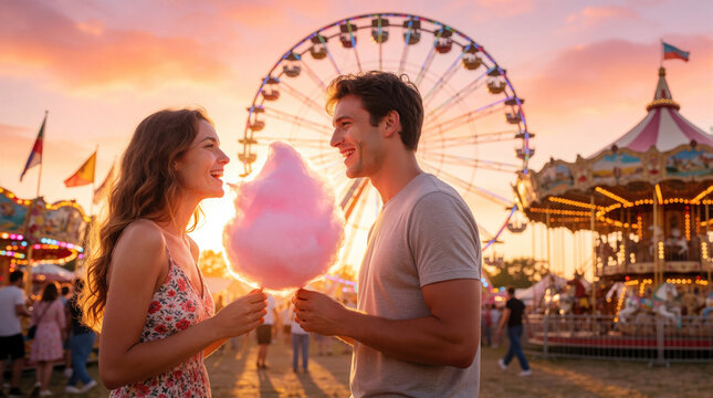 Young couple shares pink cotton candy at summer carnival. Happy man, woman enjoy sweet snack near ferris wheel, carousel. Romantic date during golden hour sunset at amusement park. Lovers feel joy,