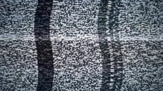 Retro CRT TV screen static noise with horizontal distortion bar and wavy lines glitch effect.